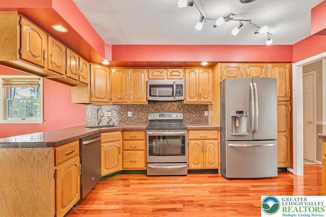 kitchen with a sink, backsplash, light wood-type flooring, and appliances with stainless steel finishes