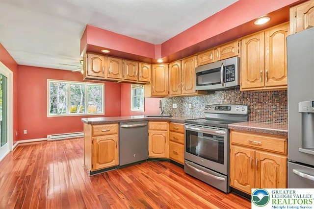 kitchen featuring a baseboard radiator, a peninsula, light wood-style floors, stainless steel appliances, and decorative backsplash