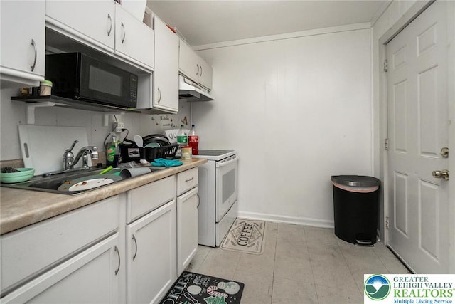 kitchen with black microwave, light countertops, white cabinetry, a sink, and white range with electric cooktop