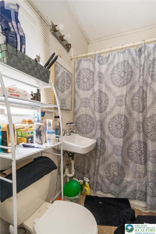 full bathroom with toilet, a shower with shower curtain, and a sink