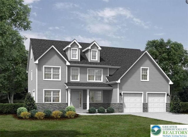 view of front of home featuring a front yard, a shingled roof, stone siding, a garage, and concrete driveway