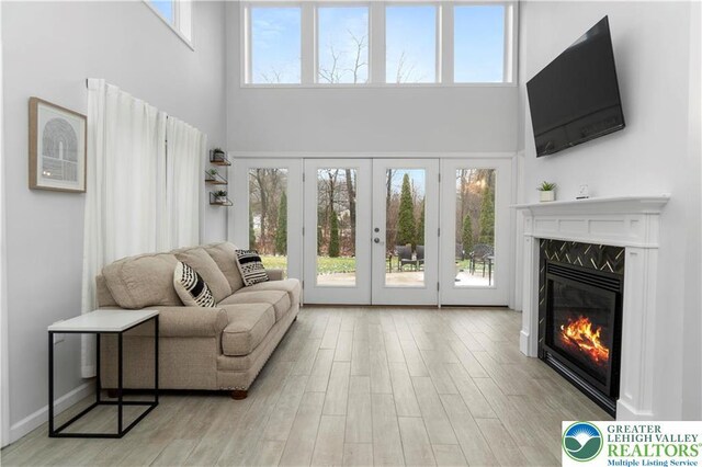 5112 Creek Rd, Heidelberg Twp, PA 18078 - living room featuring a wealth of natural light, light wood-type flooring, a high ceiling, and a premium fireplace