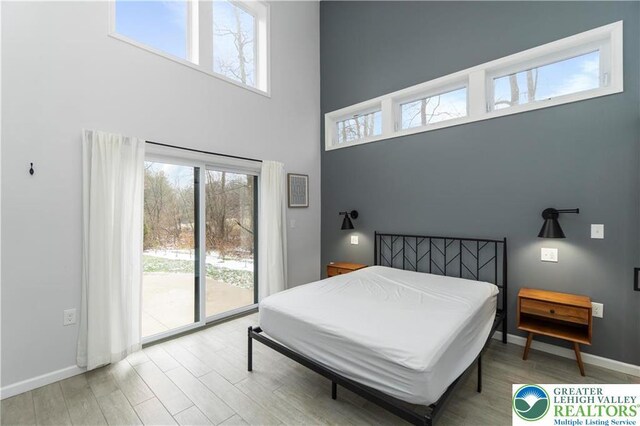 5112 Creek Rd, Heidelberg Twp, PA 18078 - bedroom featuring access to exterior, a towering ceiling, wood finished floors, and baseboards