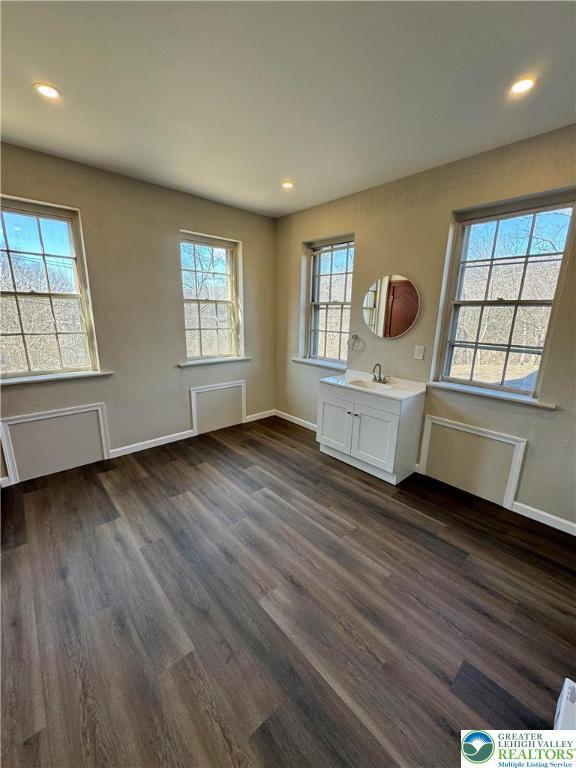 interior space with dark wood-style flooring, a sink, baseboards, and recessed lighting