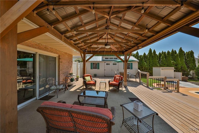 3332 Sherwood Rd, Palmer Twp, PA 18045 - view of patio with an outdoor structure, ceiling fan, a storage shed, and an outdoor hangout area