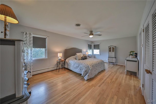 3332 Sherwood Rd, Palmer Twp, PA 18045 - bedroom with a baseboard heating unit, light wood-type flooring, baseboards, visible vents, and a ceiling fan