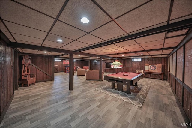 3332 Sherwood Rd, Palmer Twp, PA 18045 - recreation room with a paneled ceiling, wooden walls, wood finished floors, and pool table