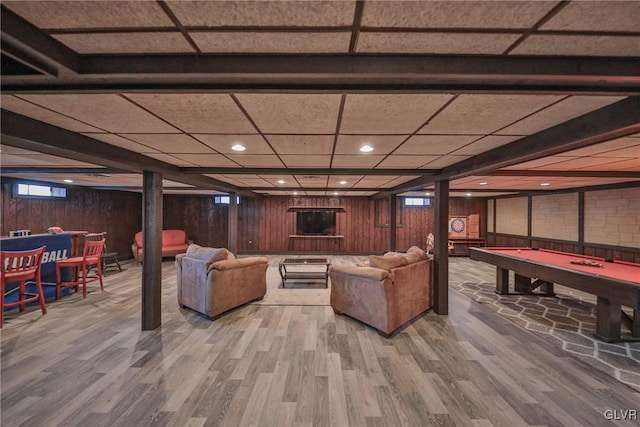 3332 Sherwood Rd, Palmer Twp, PA 18045 - living room featuring wood finished floors, wood walls, pool table, and a paneled ceiling