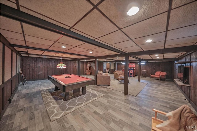 3332 Sherwood Rd, Palmer Twp, PA 18045 - playroom with billiards, wood finished floors, wooden walls, and a paneled ceiling