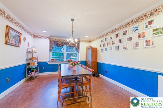 dining space featuring recessed lighting, an inviting chandelier, tile patterned floors, baseboards, and ornamental molding