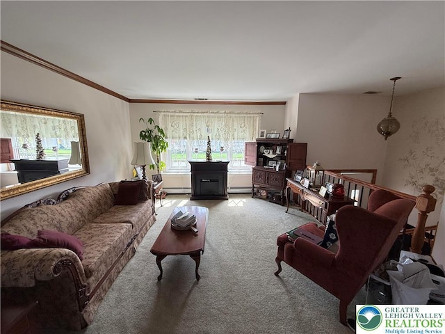 carpeted living room featuring ornamental molding, visible vents, and baseboard heating