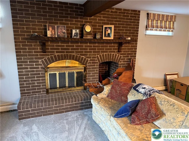 interior space with a fireplace, baseboards, and carpet floors