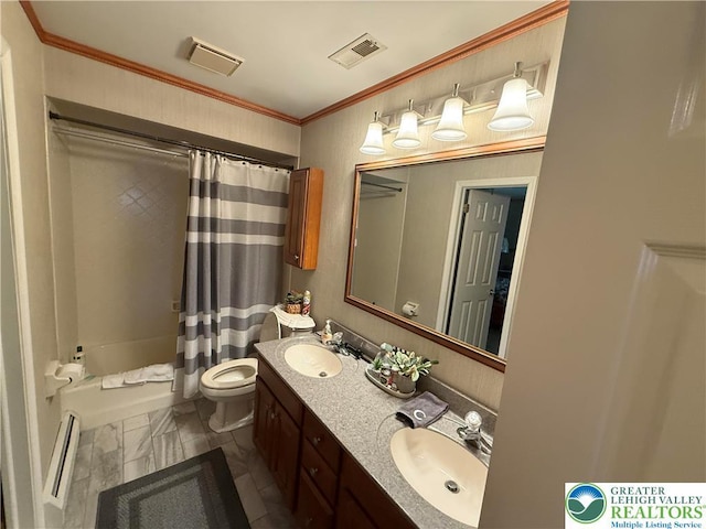 bathroom with a baseboard radiator, visible vents, toilet, and a sink
