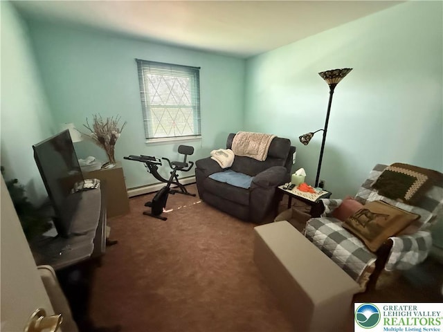 living area with a baseboard heating unit and carpet flooring
