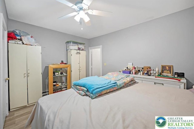 bedroom featuring light wood-type flooring and a ceiling fan