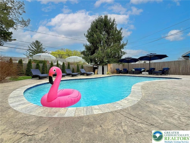 view of pool featuring a fenced backyard, a fenced in pool, and a patio area
