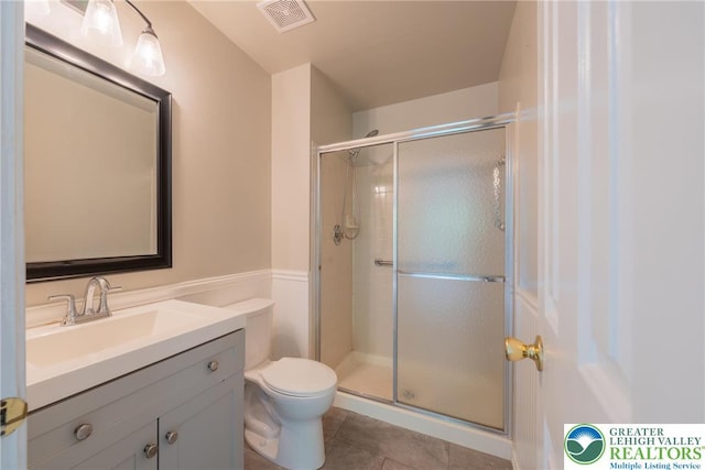 full bath with a stall shower, visible vents, tile patterned floors, and vanity