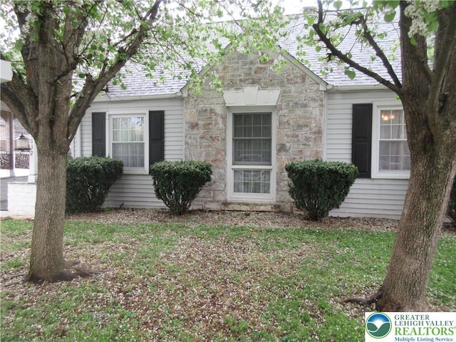 view of front of property featuring a front lawn and stone siding
