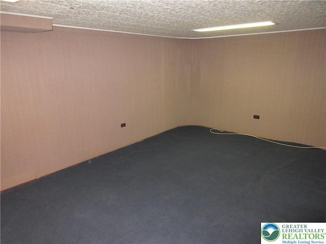 spare room with wooden walls, a textured ceiling, and carpet flooring