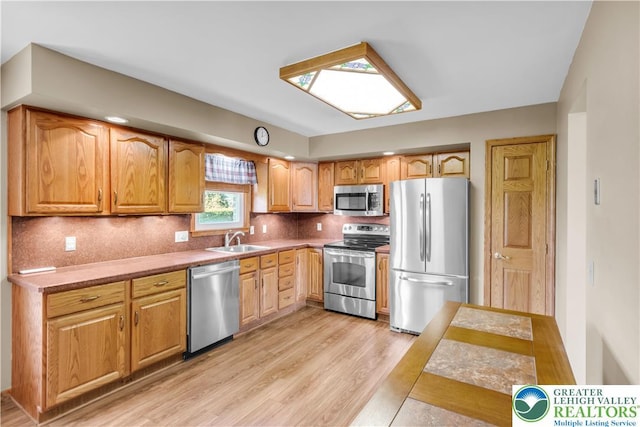 kitchen featuring appliances with stainless steel finishes, light wood-type flooring, backsplash, and a sink