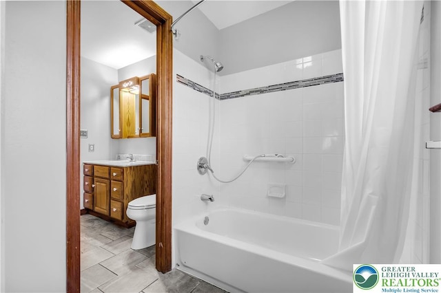 full bathroom with toilet, shower / bath combination with curtain, visible vents, and vanity