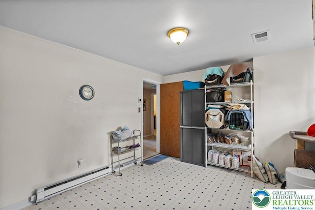 interior space with visible vents and a baseboard radiator