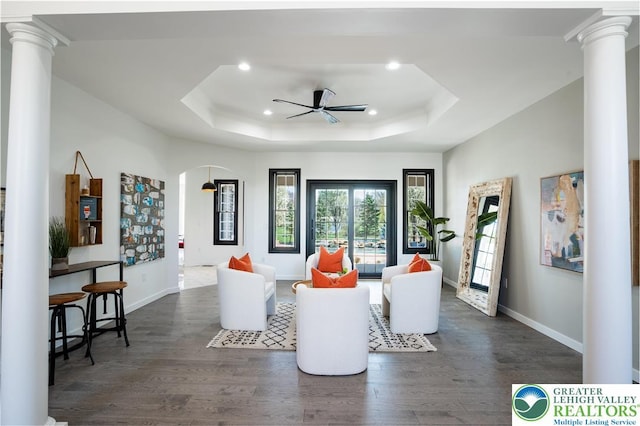 901 Meyer Rd, Bushkill Twp, PA 18064 - living room featuring ornate columns, dark wood finished floors, recessed lighting, baseboards, and ceiling fan