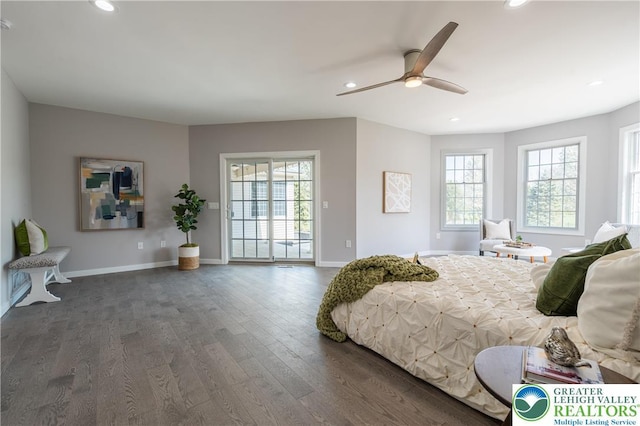 901 Meyer Rd, Bushkill Twp, PA 18064 - bedroom with wood finished floors, multiple windows, recessed lighting, baseboards, and a ceiling fan