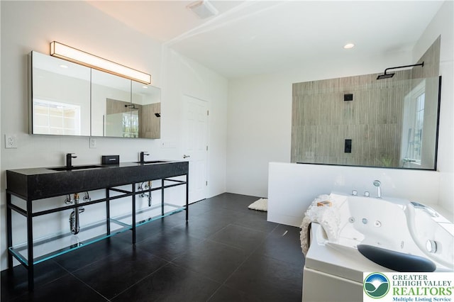 901 Meyer Rd, Bushkill Twp, PA 18064 - full bath featuring a tile shower, a jetted tub, double vanity, and recessed lighting