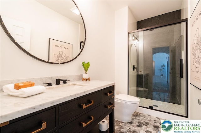 901 Meyer Rd, Bushkill Twp, PA 18064 - bathroom with toilet, vanity, and a stall shower
