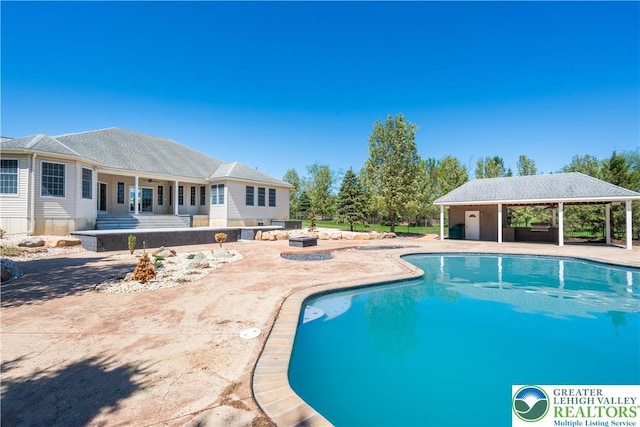 901 Meyer Rd, Bushkill Twp, PA 18064 - swimming pool with a gazebo, a patio, a ceiling fan, and an outdoor fire pit