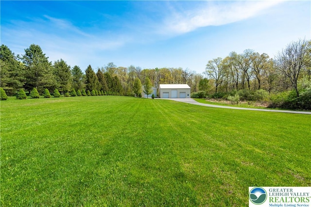 901 Meyer Rd, Bushkill Twp, PA 18064 - view of green lawn with a garage and a wooded view
