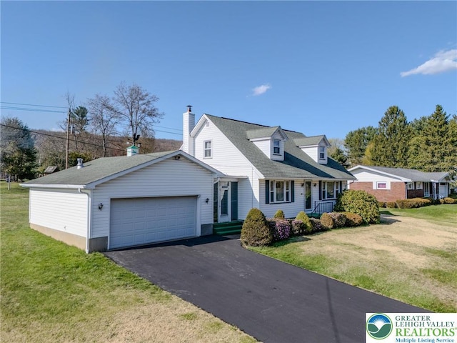 cape cod home featuring a chimney, aphalt driveway, a front lawn, and a garage
