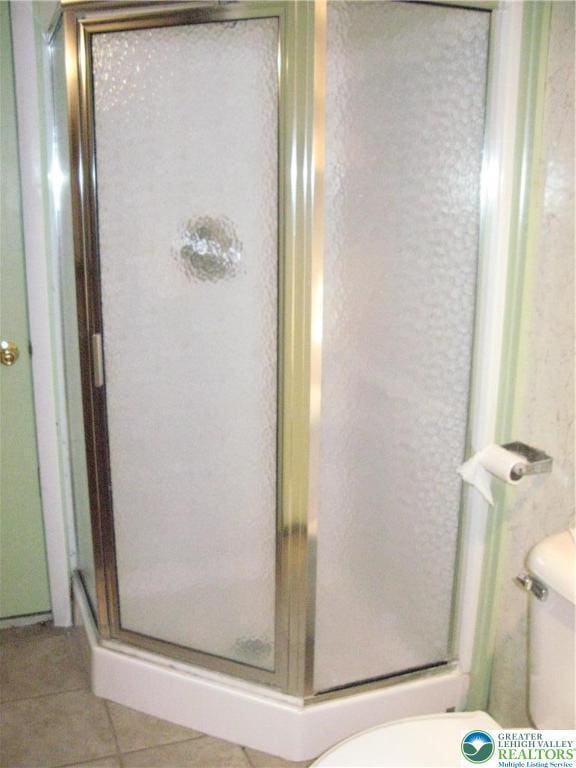 full bath featuring tile patterned floors, a shower stall, and toilet