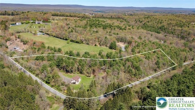 drone / aerial view with a wooded view