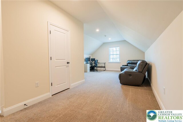 131 Chinaberry Way, Polk Twp, PA 18058 - sitting room featuring carpet flooring, baseboards, and lofted ceiling