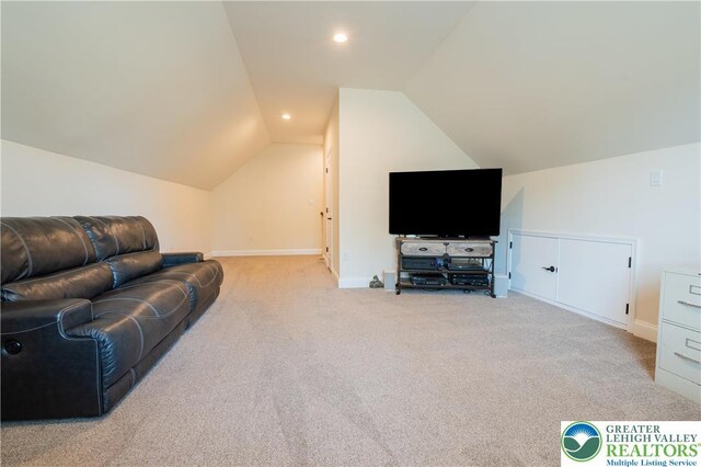131 Chinaberry Way, Polk Twp, PA 18058 - carpeted living area with recessed lighting, baseboards, and vaulted ceiling