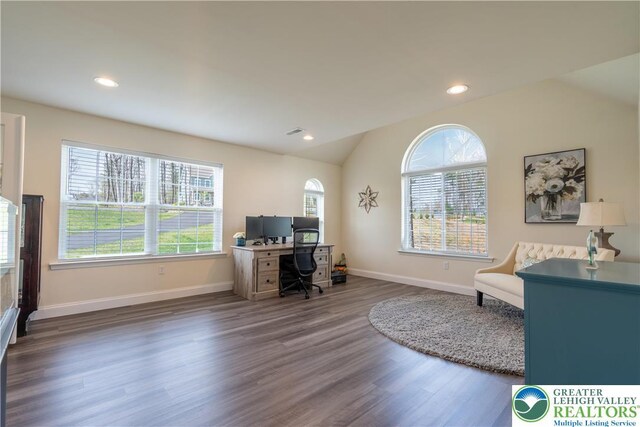 131 Chinaberry Way, Polk Twp, PA 18058 - home office with visible vents, recessed lighting, baseboards, wood finished floors, and vaulted ceiling