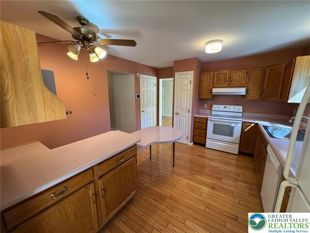 91 Alpine Dr, Jim Thorpe Boro, PA 18229 - kitchen with white appliances, under cabinet range hood, brown cabinets, ceiling fan, and light wood-type flooring