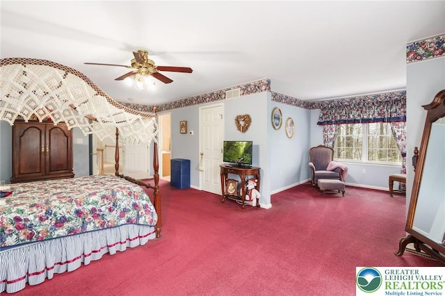 carpeted bedroom with baseboards, ceiling fan, and visible vents