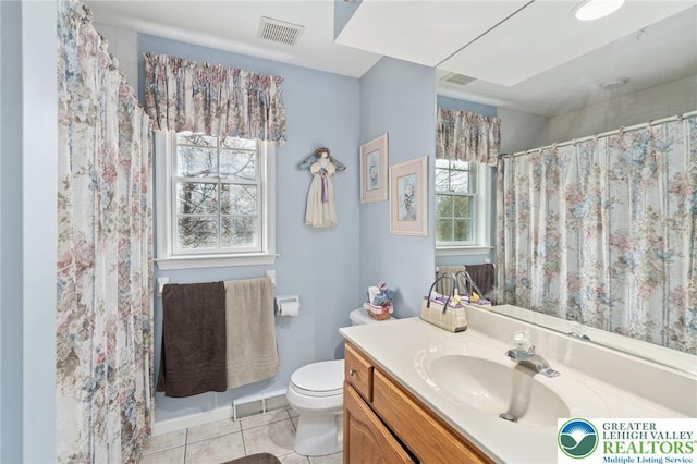 full bath with visible vents, tile patterned floors, toilet, and vanity
