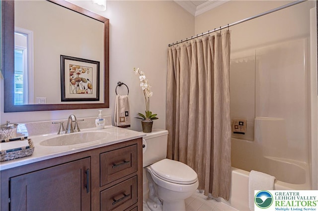 full bathroom featuring tile patterned flooring, vanity, toilet, shower / tub combo with curtain, and ornamental molding