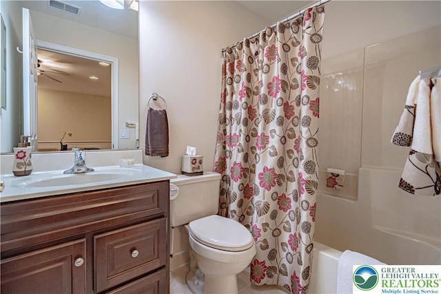full bathroom with vanity, tile patterned flooring, toilet, and visible vents