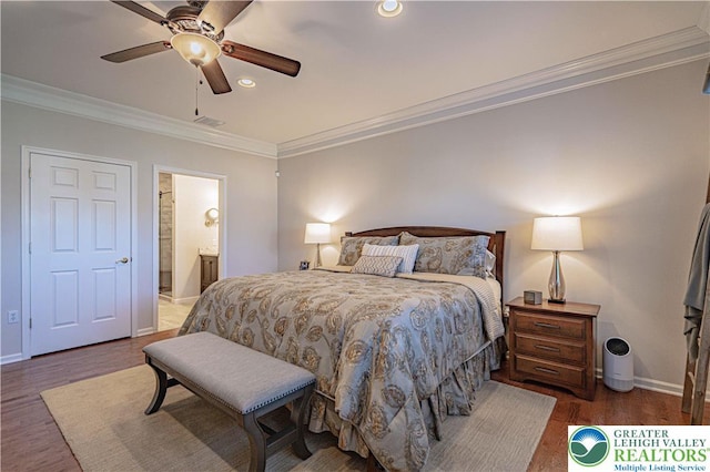 bedroom with visible vents, crown molding, wood finished floors, baseboards, and recessed lighting