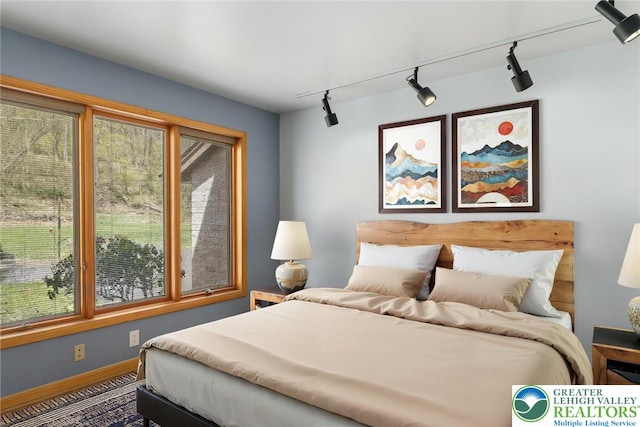 bedroom with baseboards, rail lighting, multiple windows, and wood finished floors