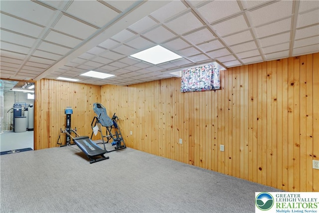 workout room featuring wooden walls and carpet flooring