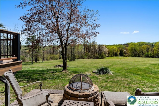 view of yard with an outdoor fire pit and a patio area