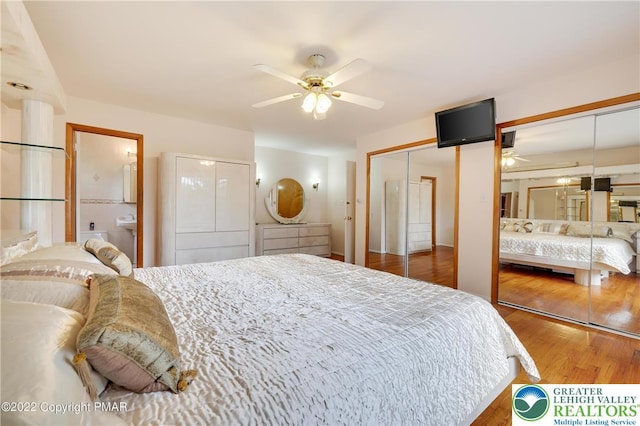 bedroom featuring ceiling fan, two closets, and wood finished floors