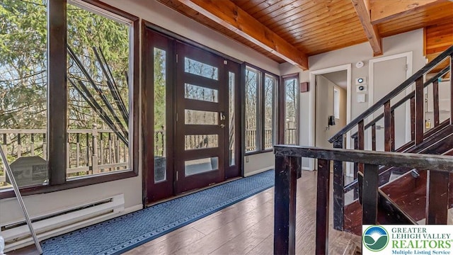 foyer entrance with wood ceiling, hardwood / wood-style flooring, beam ceiling, stairway, and a baseboard heating unit