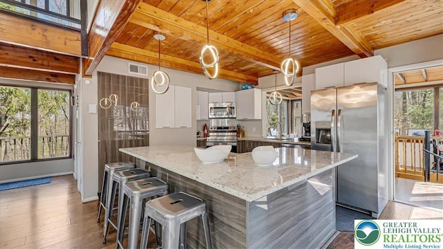 kitchen with wood ceiling, visible vents, beam ceiling, white cabinets, and stainless steel appliances